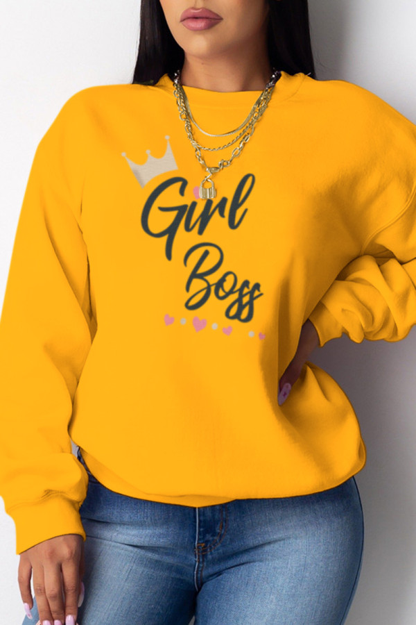 Yellow Casual Street Print Letter O Neck Tops