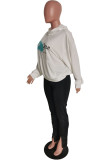 White Daily Print Patchwork Hooded Collar Long Sleeve Two Pieces