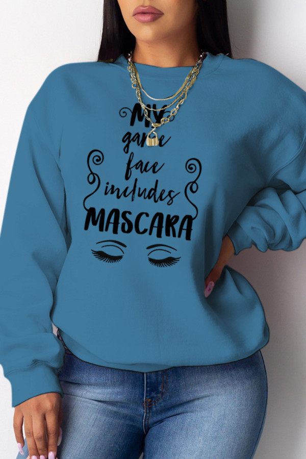 Blue Casual Sportswear Print Letter O Neck Tops