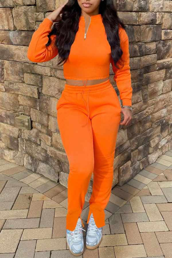 Tangerine Red Casual Solid Patchwork Zipper Collar Long Sleeve Two Pieces