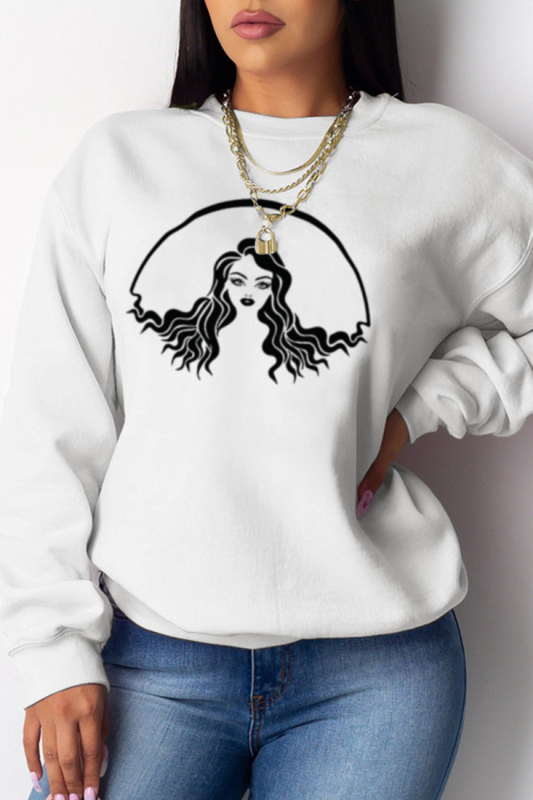 White Casual Street Print Patchwork O Neck Tops