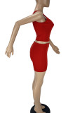 Red Solid Patchwork U Neck Sleeveless Two Pieces