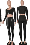 Coffee Casual Solid Patchwork U Neck Long Sleeve Two Pieces