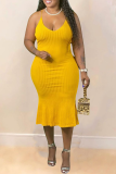 Yellow Sexy Solid Patchwork Spaghetti Strap Pencil Skirt Plus Size Dresses