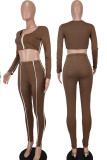 Coffee Casual Solid Patchwork U Neck Long Sleeve Two Pieces