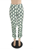 Green Fashion Casual Print With Belt Regular High Waist Trousers