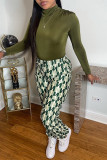 Green Fashion Casual Print With Belt Regular High Waist Trousers