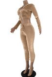 Khaki Fashion Casual Solid Hot Drill Zipper Collar Long Sleeve Two Pieces