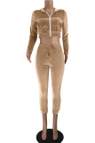 Khaki Fashion Casual Solid Hot Drill Zipper Collar Long Sleeve Two Pieces