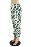 Green Fashion Casual Print With Belt Regular High Waist Trousers