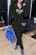 Black Fashion Casual Letter Embroidery Zipper Turndown Collar Long Sleeve Two Pieces
