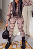 Maroon Fashion Casual Print Hollowed Out Turtleneck Long Sleeve Two Pieces