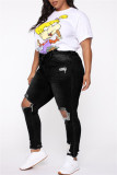 Black Fashion Casual Solid Ripped Plus Size Jeans