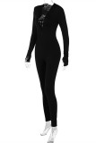 Black Fashion Casual Solid Hollowed Out V Neck Skinny Jumpsuits