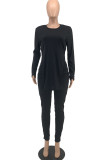 Black Fashion Casual Solid Slit O Neck Long Sleeve Two Pieces