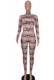 Maroon Fashion Casual Print Hollowed Out Turtleneck Long Sleeve Two Pieces