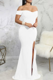 White Fashion Sexy Solid Backless Slit Off the Shoulder Evening Dress