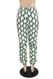 Green Fashion Casual Print With Belt Regular High Waist Trousers