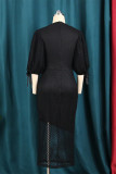 Black Fashion Sexy Patchwork Solid Hollowed Out See-through O Neck Short Sleeve Dress