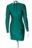 Green Fashion Sexy Solid Bandage Fold V Neck Long Sleeve Dresses