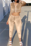 Khaki Fashion Casual Solid Hot Drill Zipper Collar Long Sleeve Two Pieces