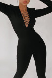 Black Fashion Casual Solid Hollowed Out V Neck Skinny Jumpsuits