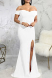 White Fashion Sexy Solid Backless Slit Off the Shoulder Evening Dress
