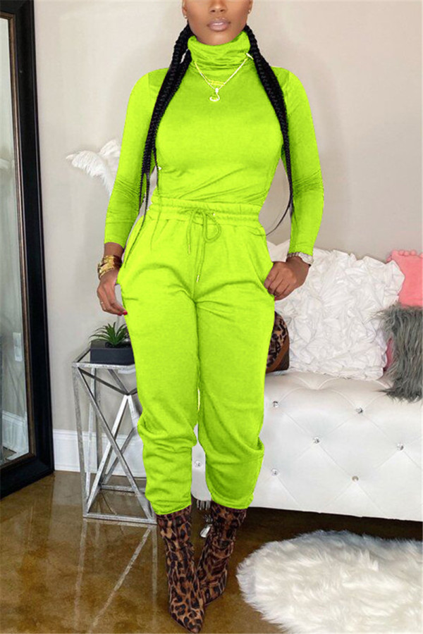 Fluorescent green Casual Fashion Bandage Solid Two Pieces