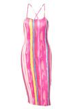 Pink Fashion Sexy Print Backless U Neck Sling Dress