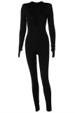 Black Fashion Casual Solid Hollowed Out V Neck Skinny Jumpsuits