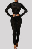 Black Fashion Casual Print Basic O Neck Skinny Jumpsuits