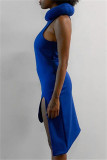 Blue Fashion Sexy Solid Asymmetrical O Neck Sleeveless Dress