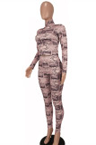 Maroon Fashion Casual Print Hollowed Out Turtleneck Long Sleeve Two Pieces