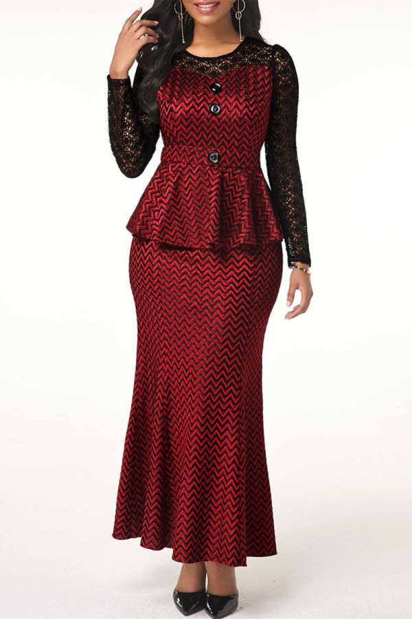 Burgundy Fashion Casual Print Patchwork O Neck Long Sleeve Two Pieces