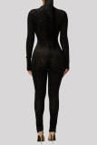 Black Fashion Casual Print Basic O Neck Skinny Jumpsuits