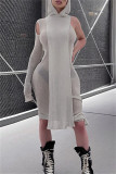 Grey Fashion Casual Solid Patchwork Asymmetrical Hooded Collar Long Sleeve Dresses