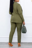 Army Green Casual Work Solid Split Joint Buttons Turn-back Collar Long Sleeve Two Pieces