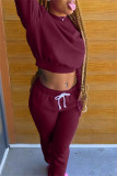 Burgundy Fashion Casual Letter Print Basic O Neck Long Sleeve Two Pieces