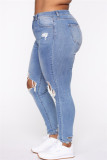 Black Fashion Casual Solid Ripped Plus Size Jeans