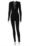 Black Fashion Casual Solid Hollowed Out V Neck Skinny Jumpsuits
