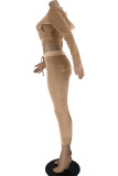 Khaki Fashion Casual Solid Hot Drill Zipper Collar Long Sleeve Two Pieces
