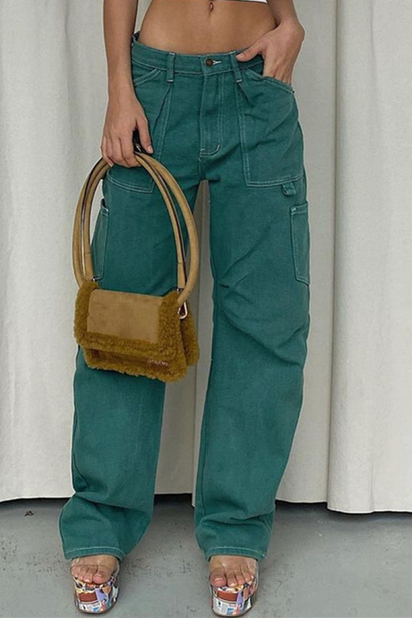 Green Fashion Casual Solid Patchwork Regular High Waist Straight Solid Color Bottoms