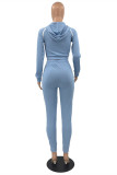 Blue Fashion Casual Solid Patchwork Draw String V Neck Long Sleeve Two Pieces