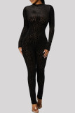 Black Fashion Casual Print Basic O Neck Skinny Jumpsuits