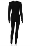 Black Fashion Casual Solid Hollowed Out V Neck Skinny Jumpsuits
