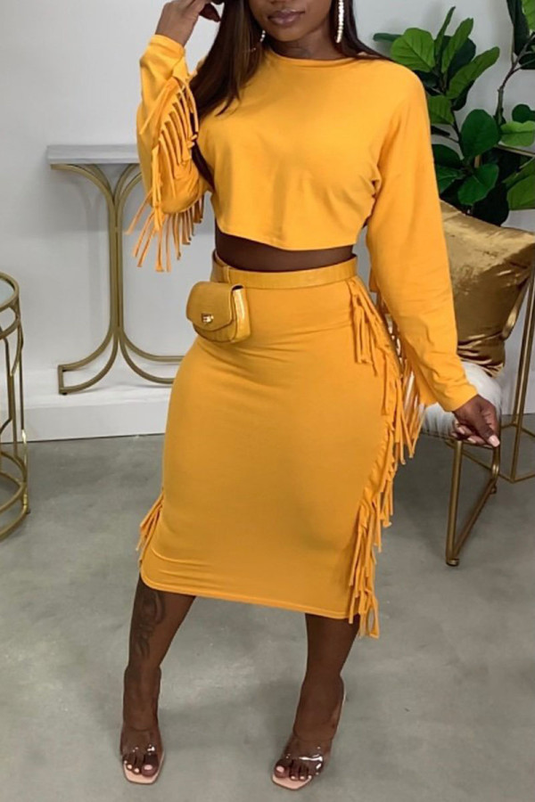 Yellow Casual Solid Tassel Split Joint O Neck Long Sleeve Two Pieces
