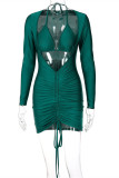 Green Fashion Sexy Solid Bandage Fold V Neck Long Sleeve Dresses