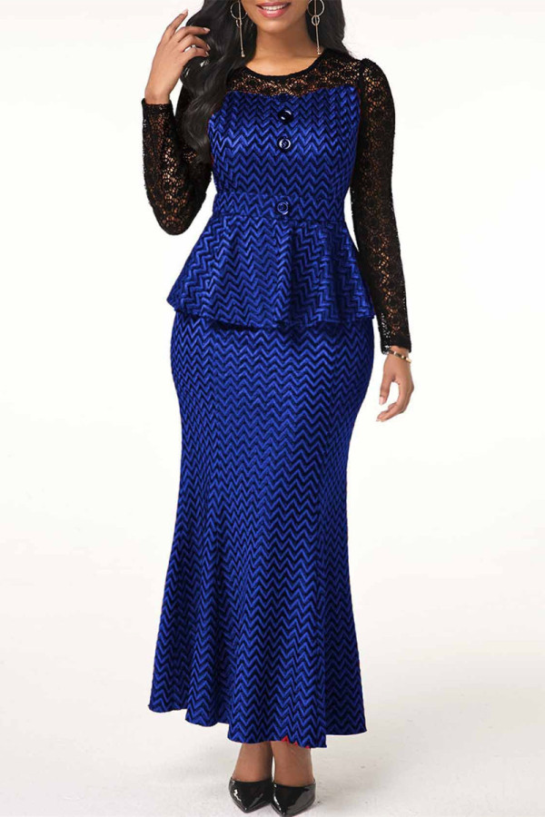 Blue Fashion Casual Print Patchwork O Neck Long Sleeve Two Pieces