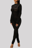 Black Fashion Casual Print Basic O Neck Skinny Jumpsuits