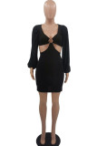 Black Sexy Solid Hollowed Out Patchwork U Neck Dresses